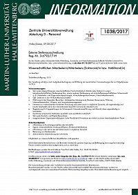 Stellenausschreibung wissenschaftlicher Mitarbeiter am LS Unternehmensführung
ZUV-Info: 1038/2017
Reg.-Nr.: 3-6792/17-H